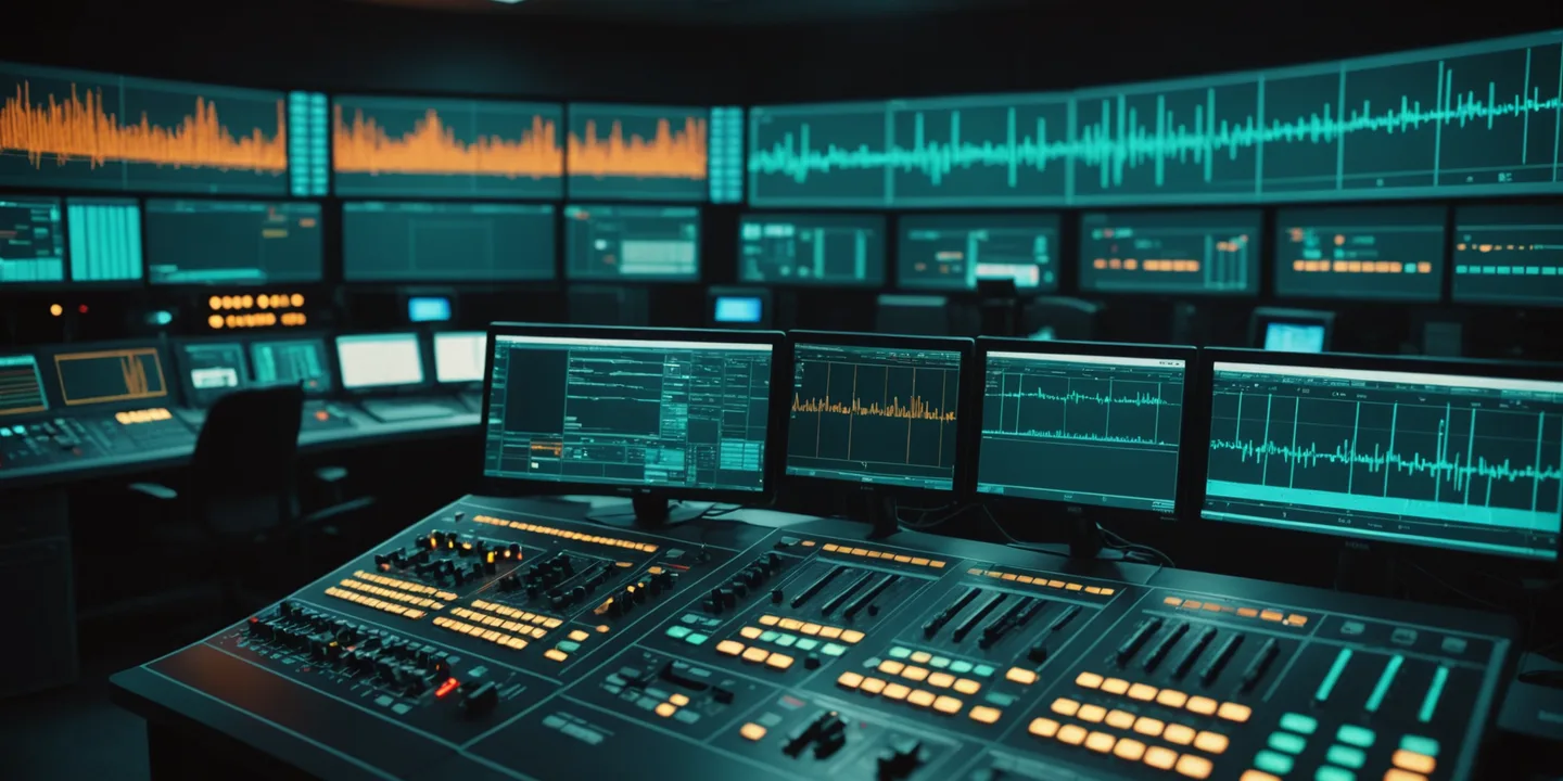 Broadcast control room at night